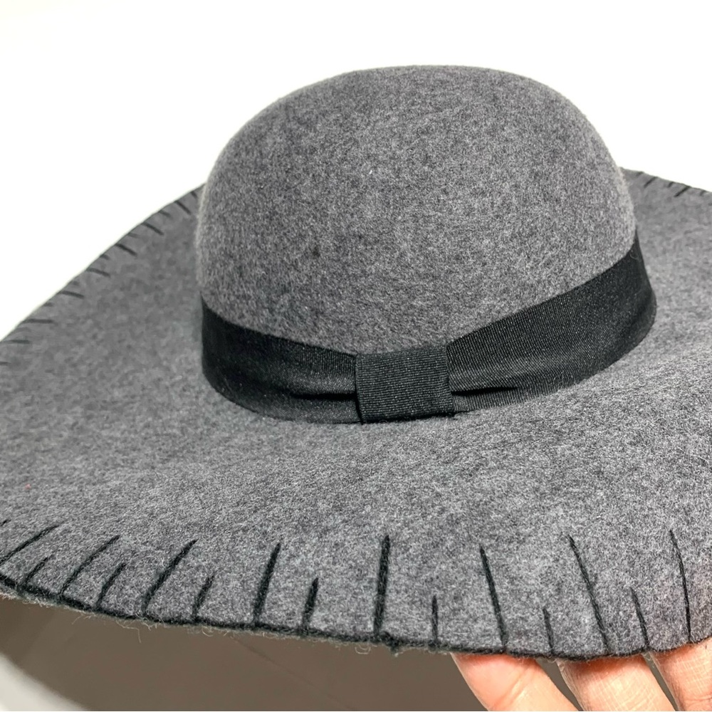 Dark Gray Stitch Details Wide Brimmed Wool Floppy Hat With Black Ribbon NWOT